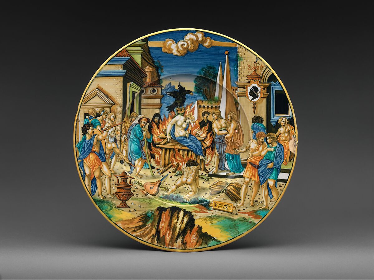 Dish with The Woman of Sestos and the Eagle and arms of the Pucci family, Painted by Fra Xanto Avelli da Rovigo (ca. 1486–1582), Maiolica (tin-glazed earthenware), Italian, Urbino 