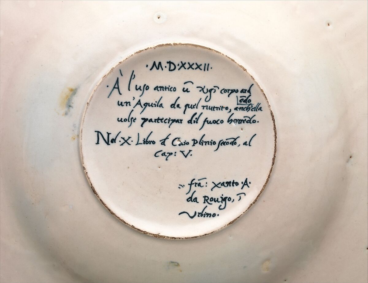 Dish with The Woman of Sestos and the Eagle and arms of the Pucci family, Painted by Fra Xanto Avelli da Rovigo (ca. 1486–1582), Maiolica (tin-glazed earthenware), Italian, Urbino