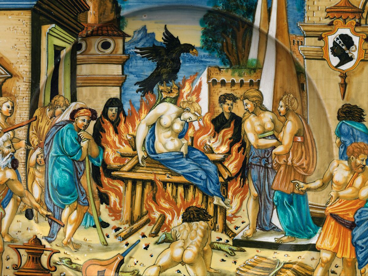 Dish with The Woman of Sestos and the Eagle and arms of the Pucci family, Painted by Fra Xanto Avelli da Rovigo (ca. 1486–1582), Maiolica (tin-glazed earthenware), Italian, Urbino