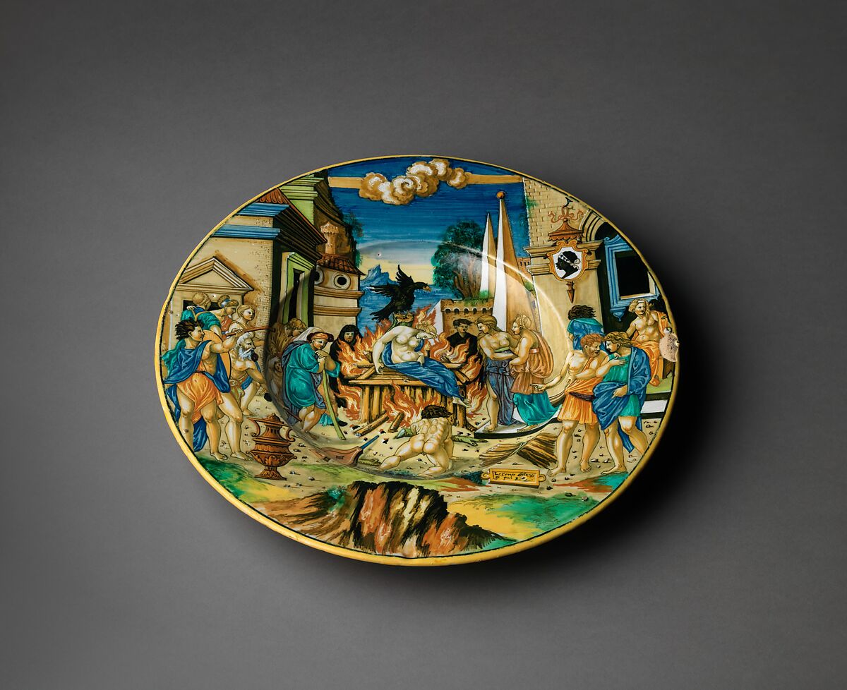 Dish with The Woman of Sestos and the Eagle and arms of the Pucci family, Painted by Fra Xanto Avelli da Rovigo (ca. 1486–1582), Maiolica (tin-glazed earthenware), Italian, Urbino