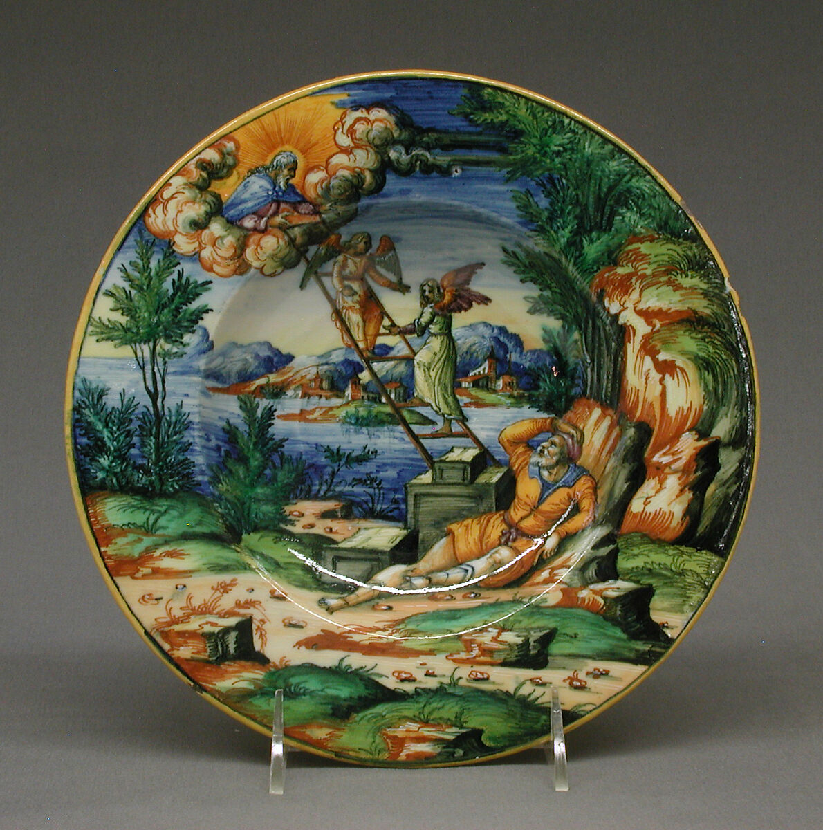 Dish with Jacob's Dream, Possibly by workshop of Orazio Fontana (Italian, Urbino, ca. 1510–1576), Maiolica (tin-glazed earthenware), Italian, Urbino 