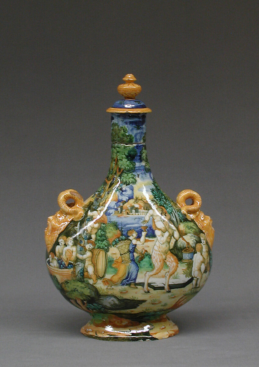 Pilgrim bottle, Workshop of Orazio Fontana (Italian, Urbino, ca. 1510–1576), Maiolica (tin-glazed earthenware), Italian, Urbino 