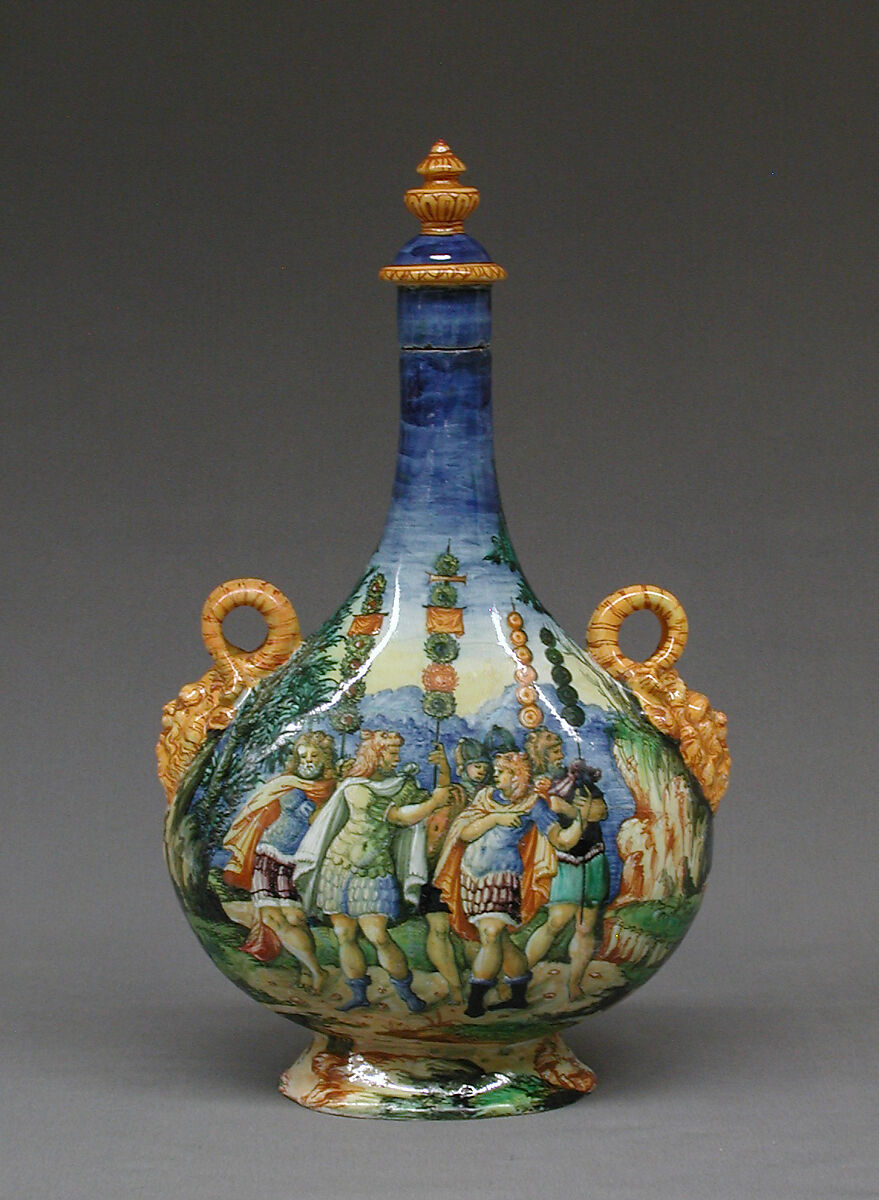 Pilgrim bottle, Workshop of Orazio Fontana (Italian, Urbino, ca. 1510–1576), Maiolica (tin-glazed earthenware), Italian, Urbino 
