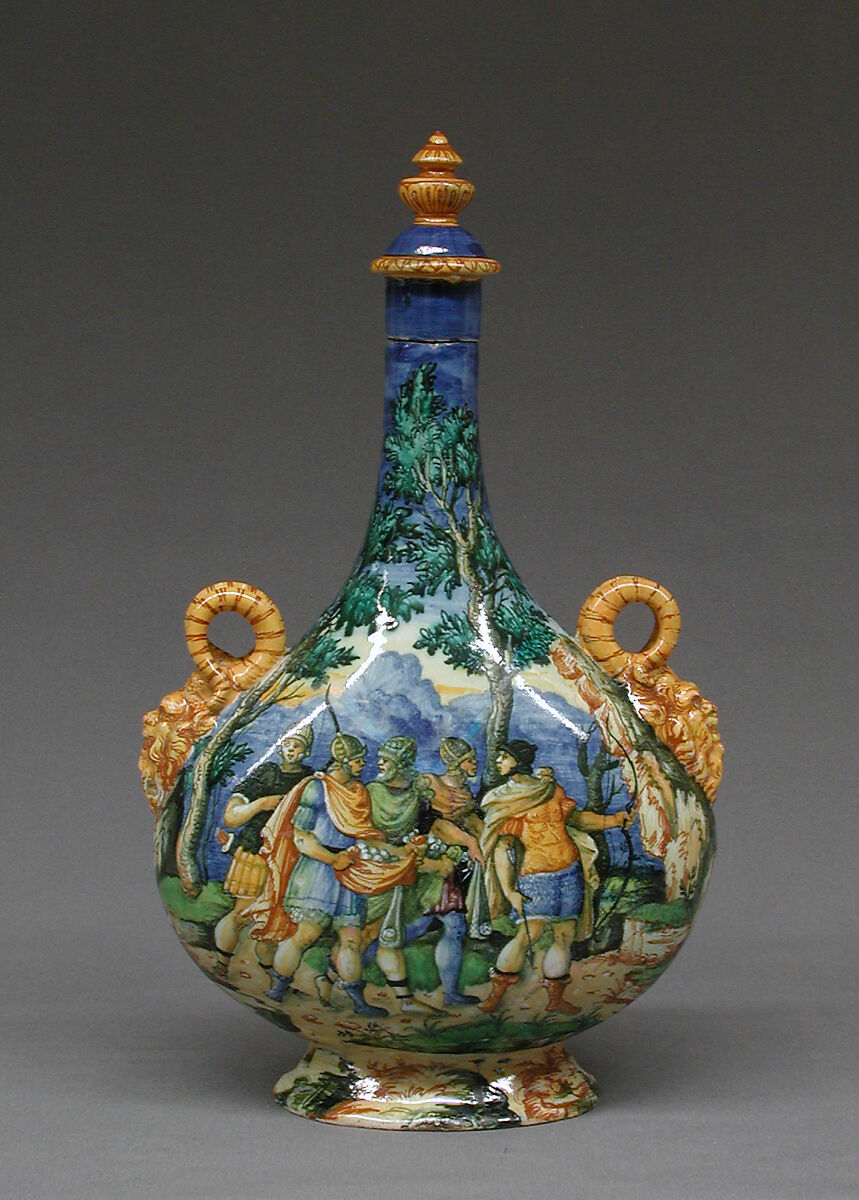 Pilgrim bottle, Workshop of Orazio Fontana (Italian, Urbino, ca. 1510–1576), Maiolica (tin-glazed earthenware), Italian, Urbino