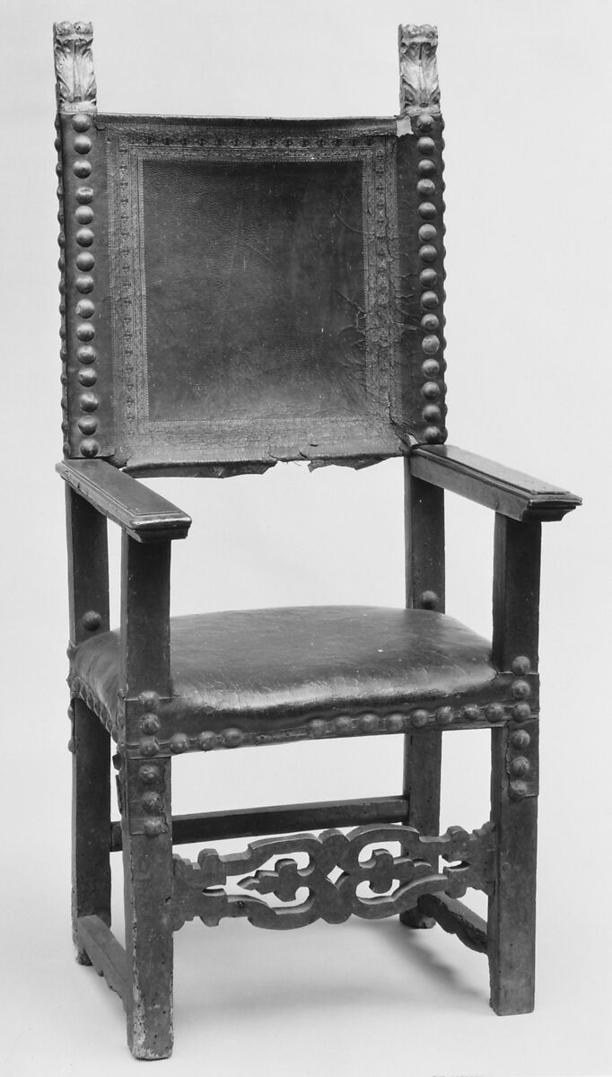 Armchair, Carved and gilded walnut, leather, Italian, Florence 