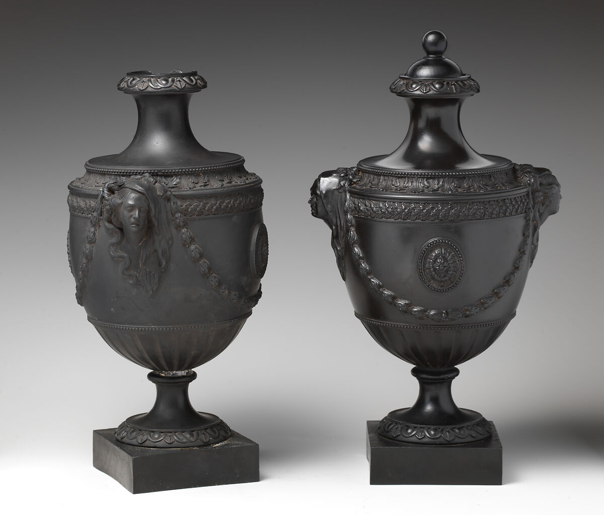 Urn (one of a pair), James Neale, Black basalt ware, British, Hanley, Staffordshire