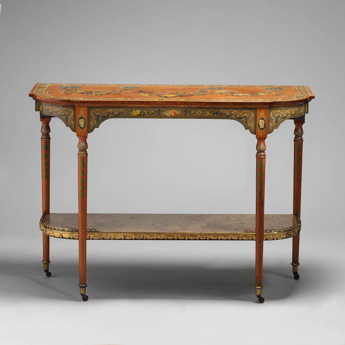 Pair of pier tables, Top: white oak; rear apron: ash; bottom shelf: mahogany; marble; gilt bronze, British