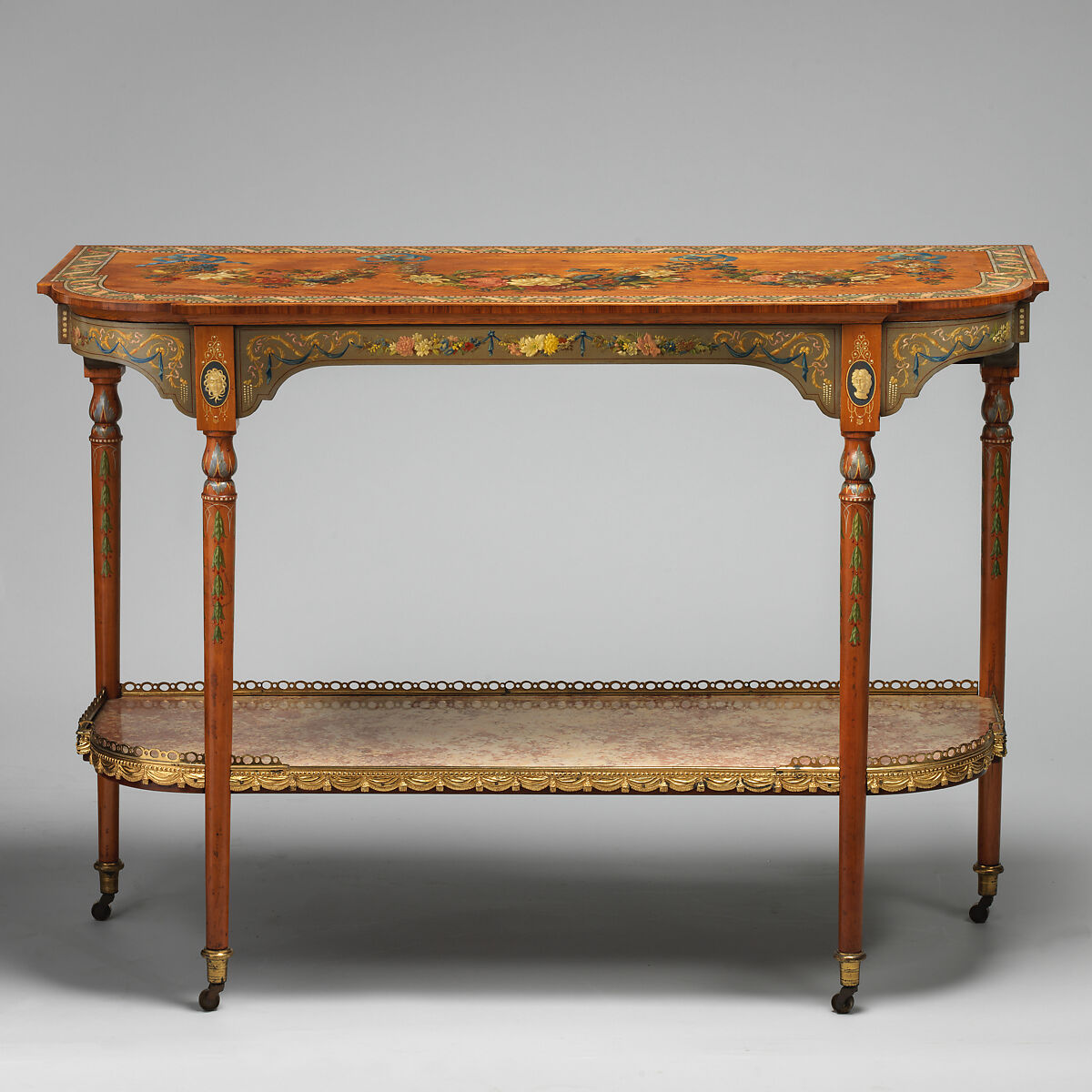 Pair of pier tables, Top: white oak; rear apron: ash; bottom shelf: mahogany; marble; gilt bronze, British