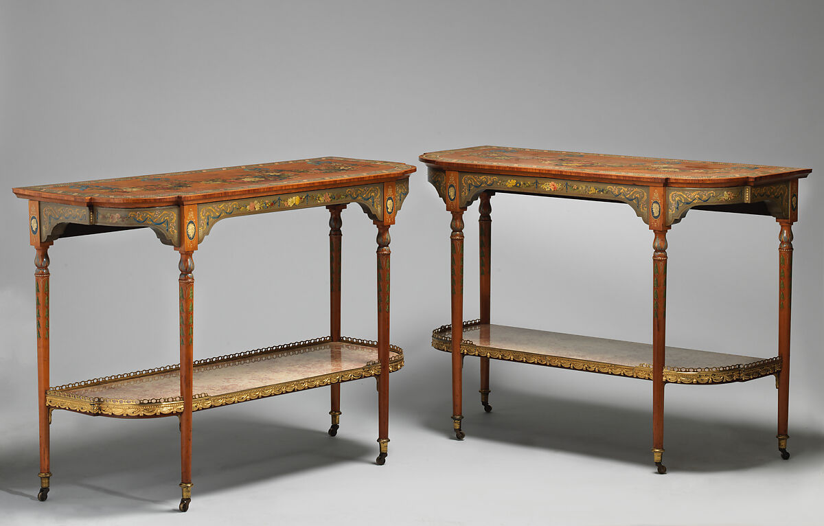 Pair of pier tables, Top: white oak; rear apron: ash; bottom shelf: mahogany; marble; gilt bronze, British 