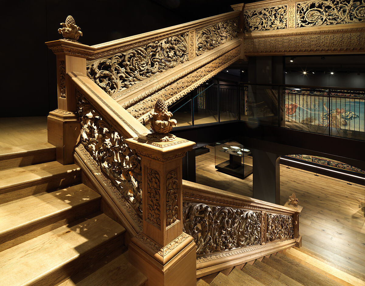 Staircase from Cassiobury Park, Hertfordshire, Edward Pearce, Risers, treads: oak; balustrade friezes, finials: elm; newel posts, stringers, skirting, baluster bases, balusters, handrails: pine, British