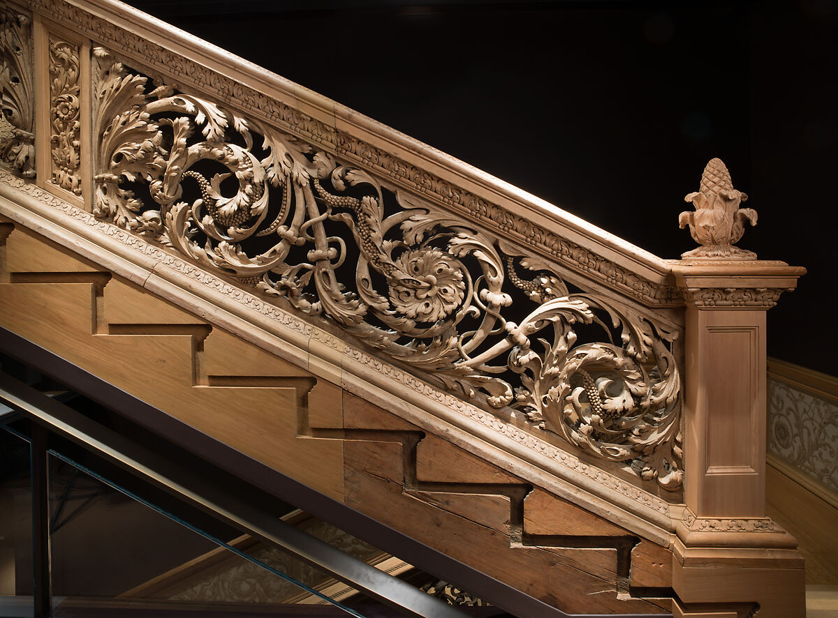 Staircase from Cassiobury Park, Hertfordshire, Attributed to Edward Pearce (ca. 1630–1695), Risers, treads: oak; balustrade friezes, finials: elm; newel posts, stringers, skirting, baluster bases, balusters, handrails: pine, British