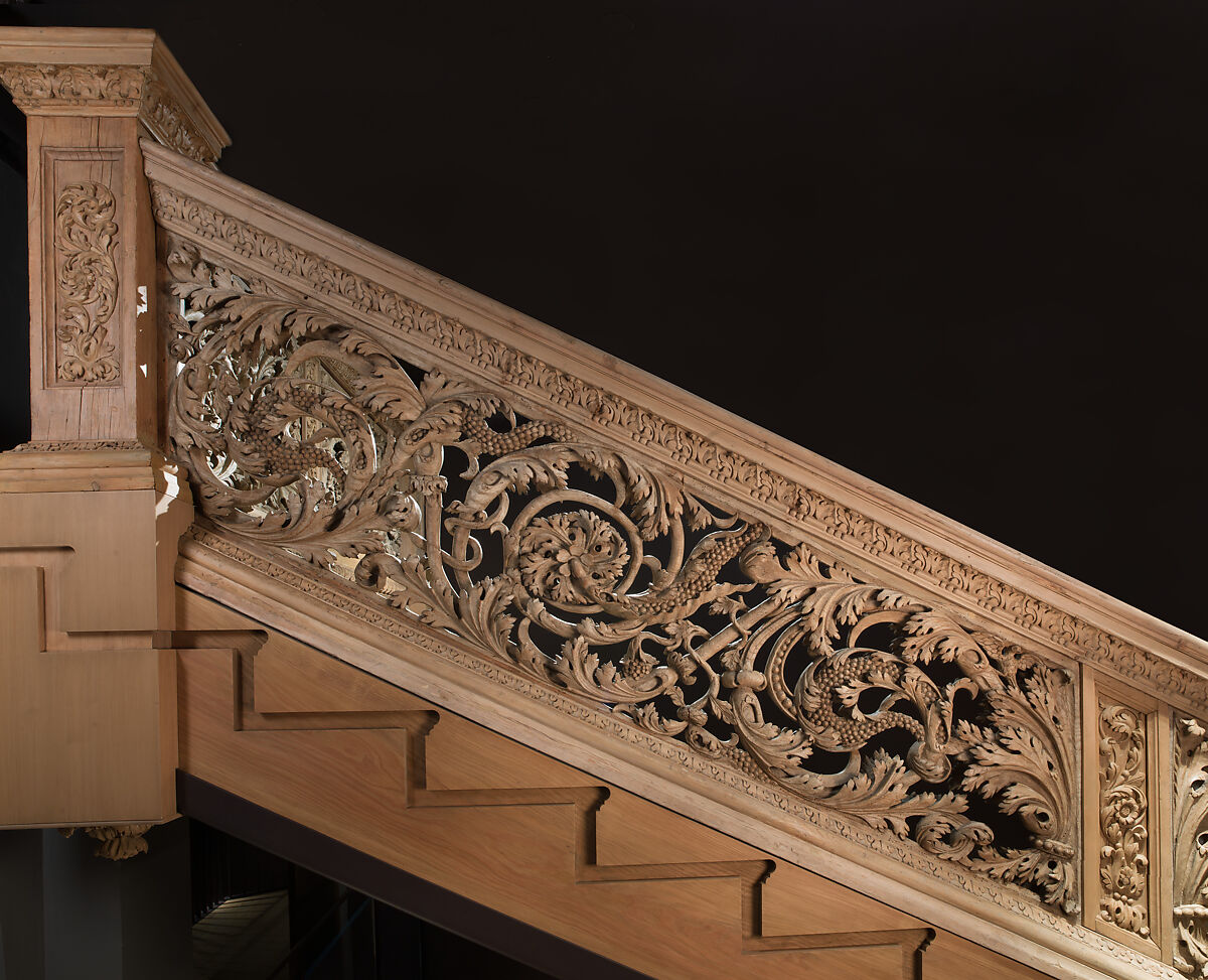 Staircase from Cassiobury Park, Hertfordshire, Attributed to Edward Pearce (ca. 1630–1695), Risers, treads: oak; balustrade friezes, finials: elm; newel posts, stringers, skirting, baluster bases, balusters, handrails: pine, British