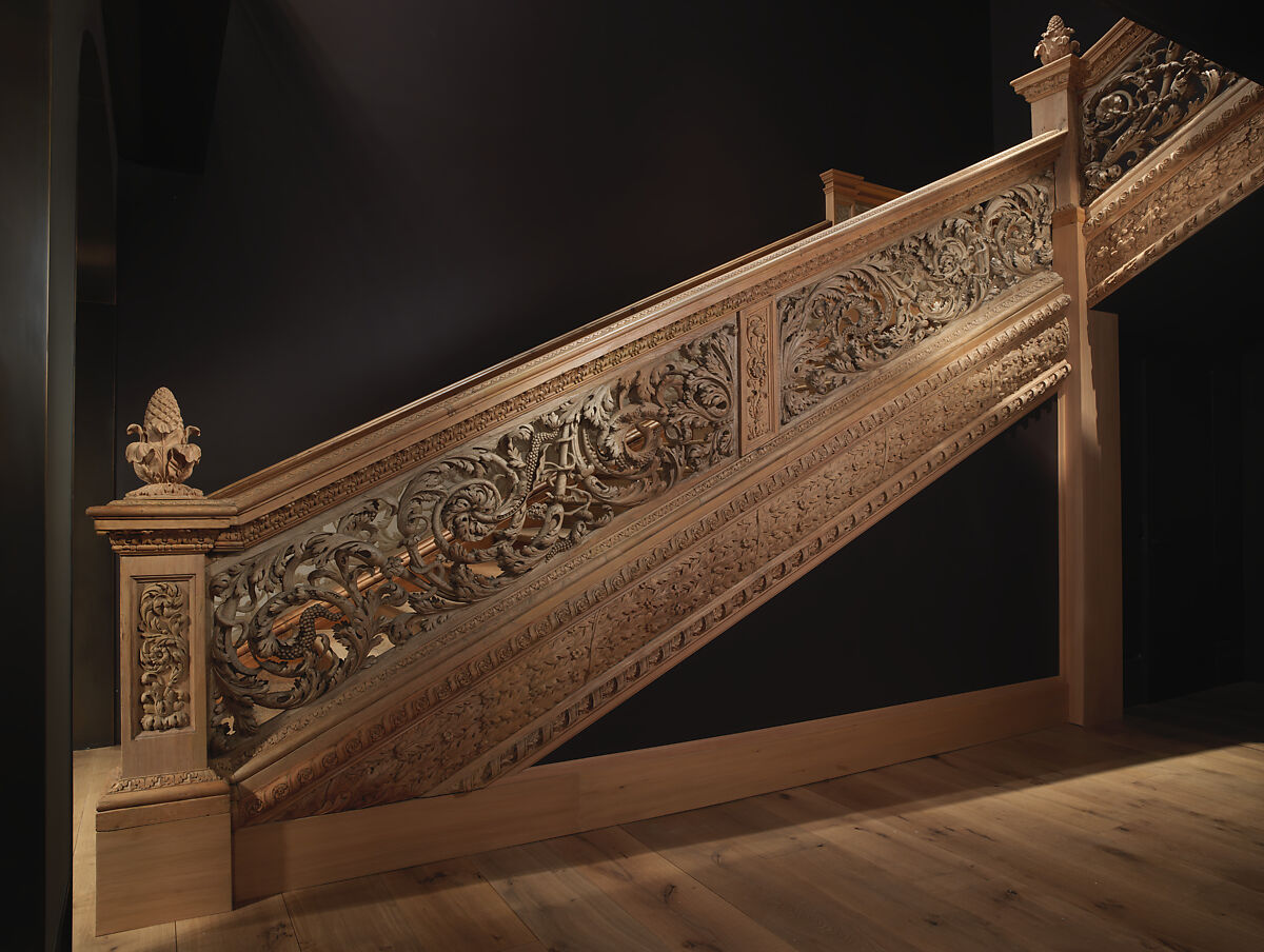 Staircase from Cassiobury Park, Hertfordshire, Attributed to Edward Pearce (ca. 1630–1695), Risers, treads: oak; balustrade friezes, finials: elm; newel posts, stringers, skirting, baluster bases, balusters, handrails: pine, British