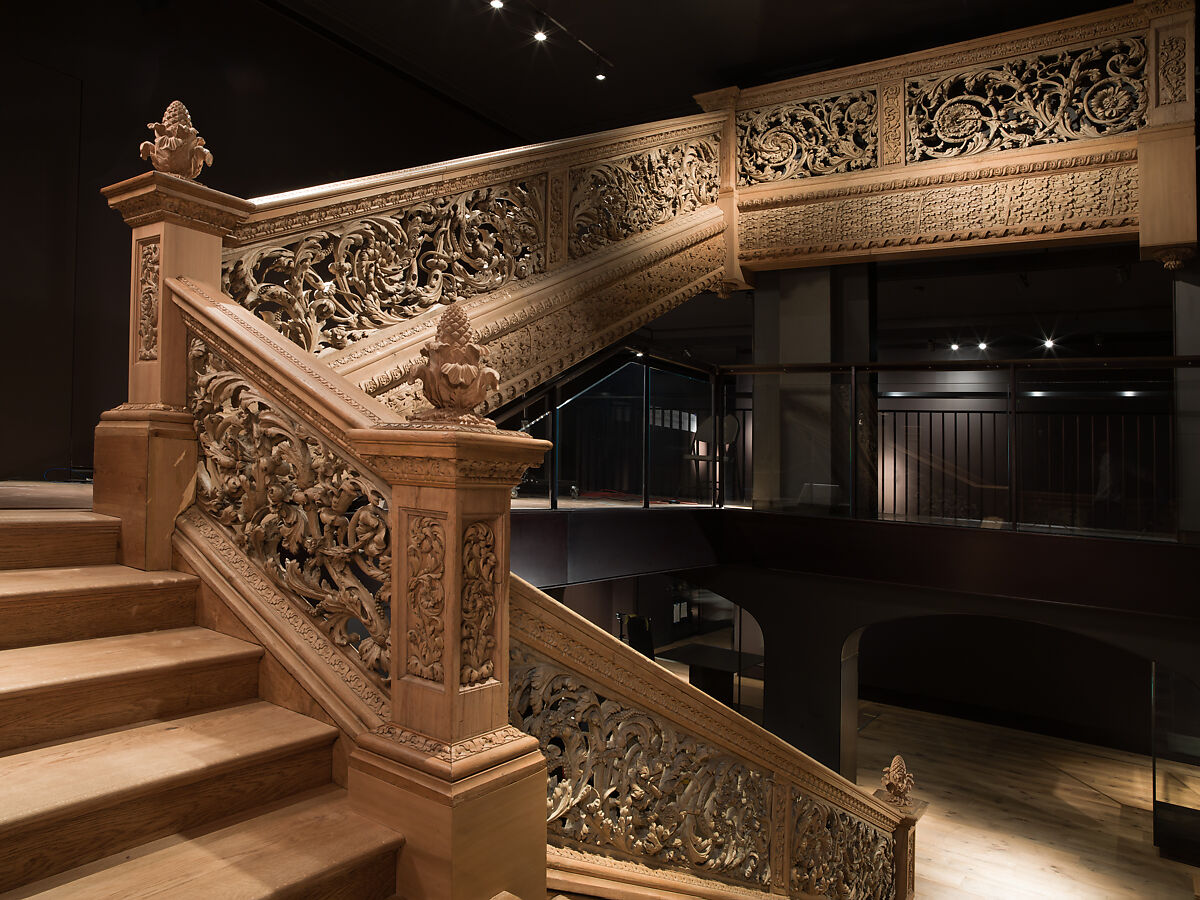Staircase from Cassiobury Park, Hertfordshire, Attributed to Edward Pearce (ca. 1630–1695), Risers, treads: oak; balustrade friezes, finials: elm; newel posts, stringers, skirting, baluster bases, balusters, handrails: pine, British