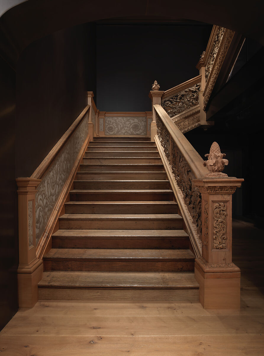 Staircase from Cassiobury Park, Hertfordshire, Attributed to Edward Pearce (ca. 1630–1695), Risers, treads: oak; balustrade friezes, finials: elm; newel posts, stringers, skirting, baluster bases, balusters, handrails: pine, British