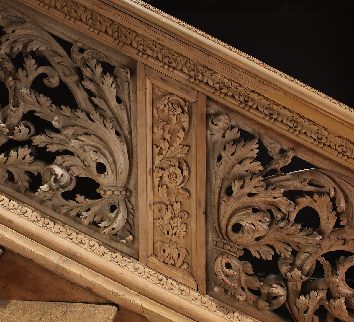 Staircase from Cassiobury Park, Hertfordshire, Attributed to Edward Pearce (ca. 1630–1695), Risers, treads: oak; balustrade friezes, finials: elm; newel posts, stringers, skirting, baluster bases, balusters, handrails: pine, British