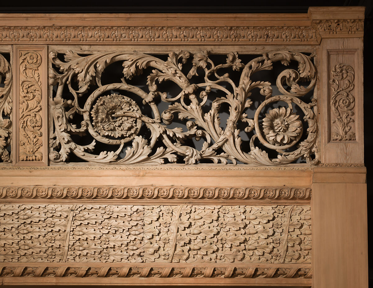 Staircase from Cassiobury Park, Hertfordshire, Attributed to Edward Pearce (ca. 1630–1695), Risers, treads: oak; balustrade friezes, finials: elm; newel posts, stringers, skirting, baluster bases, balusters, handrails: pine, British