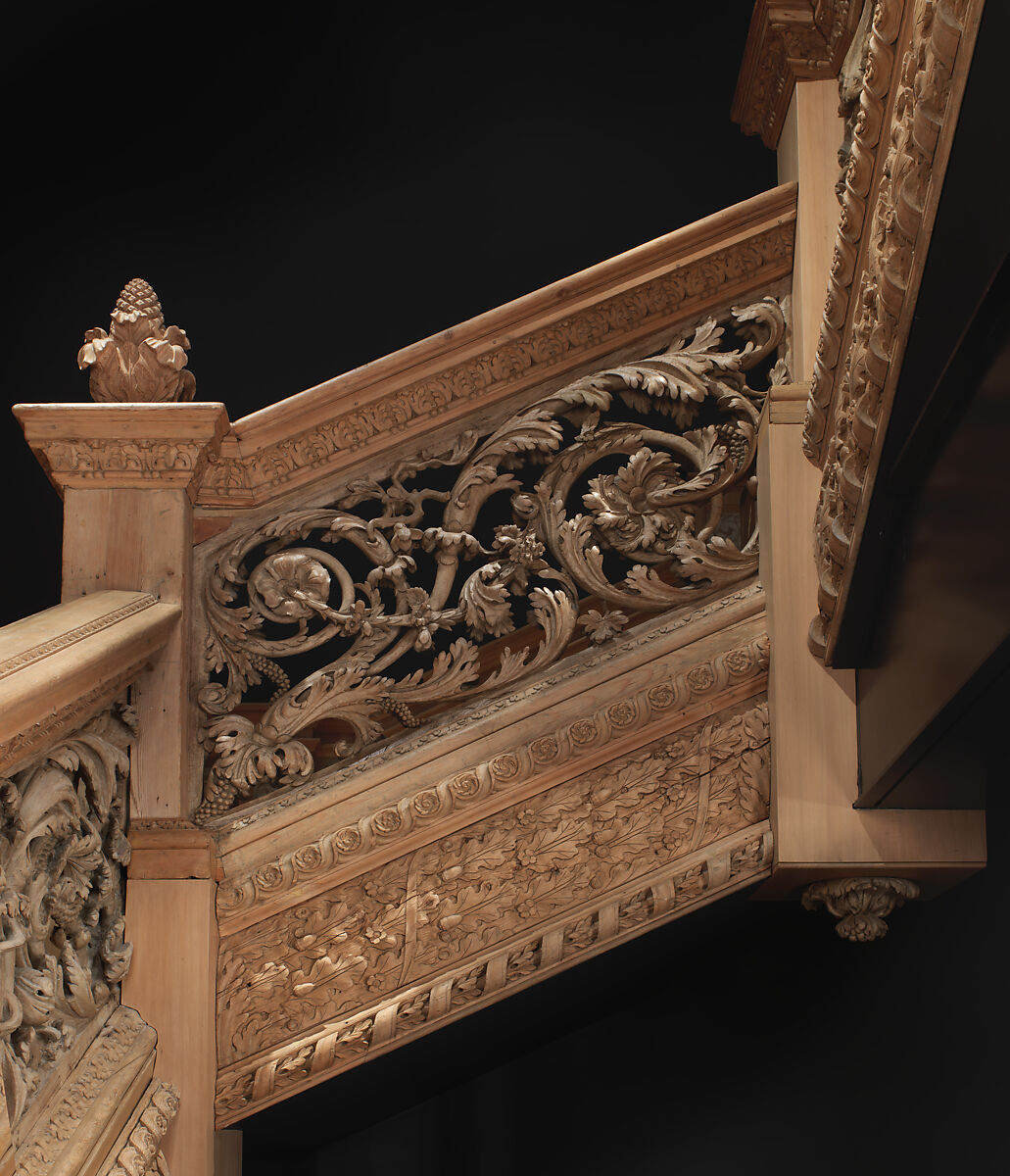 Staircase from Cassiobury Park, Hertfordshire, Attributed to Edward Pearce (ca. 1630–1695), Risers, treads: oak; balustrade friezes, finials: elm; newel posts, stringers, skirting, baluster bases, balusters, handrails: pine, British