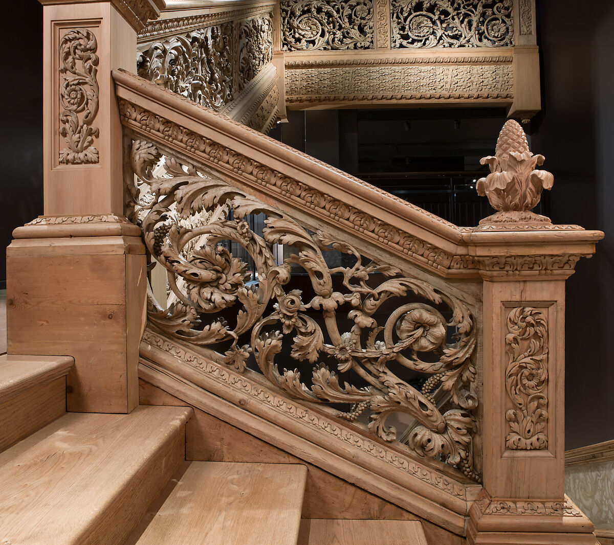 Staircase from Cassiobury Park, Hertfordshire, Attributed to Edward Pearce (ca. 1630–1695), Risers, treads: oak; balustrade friezes, finials: elm; newel posts, stringers, skirting, baluster bases, balusters, handrails: pine, British