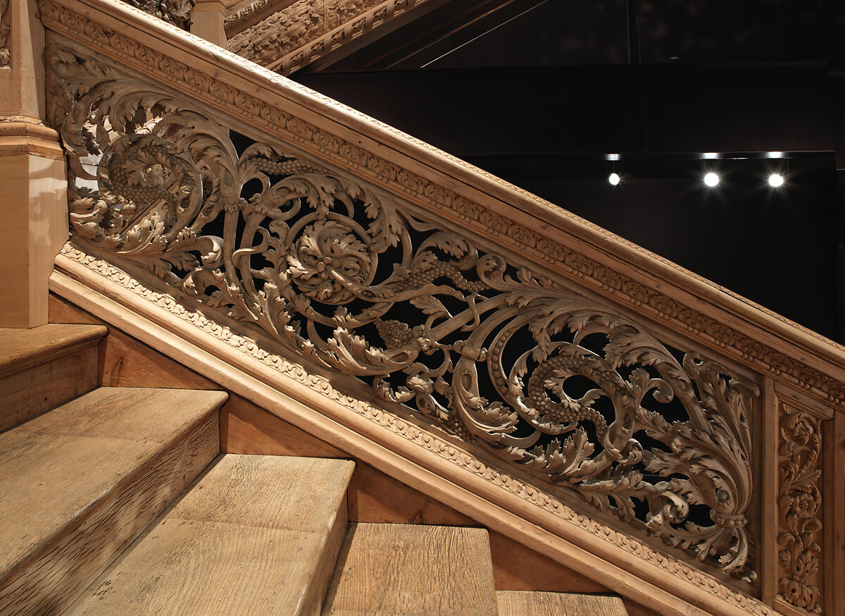 Staircase from Cassiobury Park, Hertfordshire, Attributed to Edward Pearce (ca. 1630–1695), Risers, treads: oak; balustrade friezes, finials: elm; newel posts, stringers, skirting, baluster bases, balusters, handrails: pine, British
