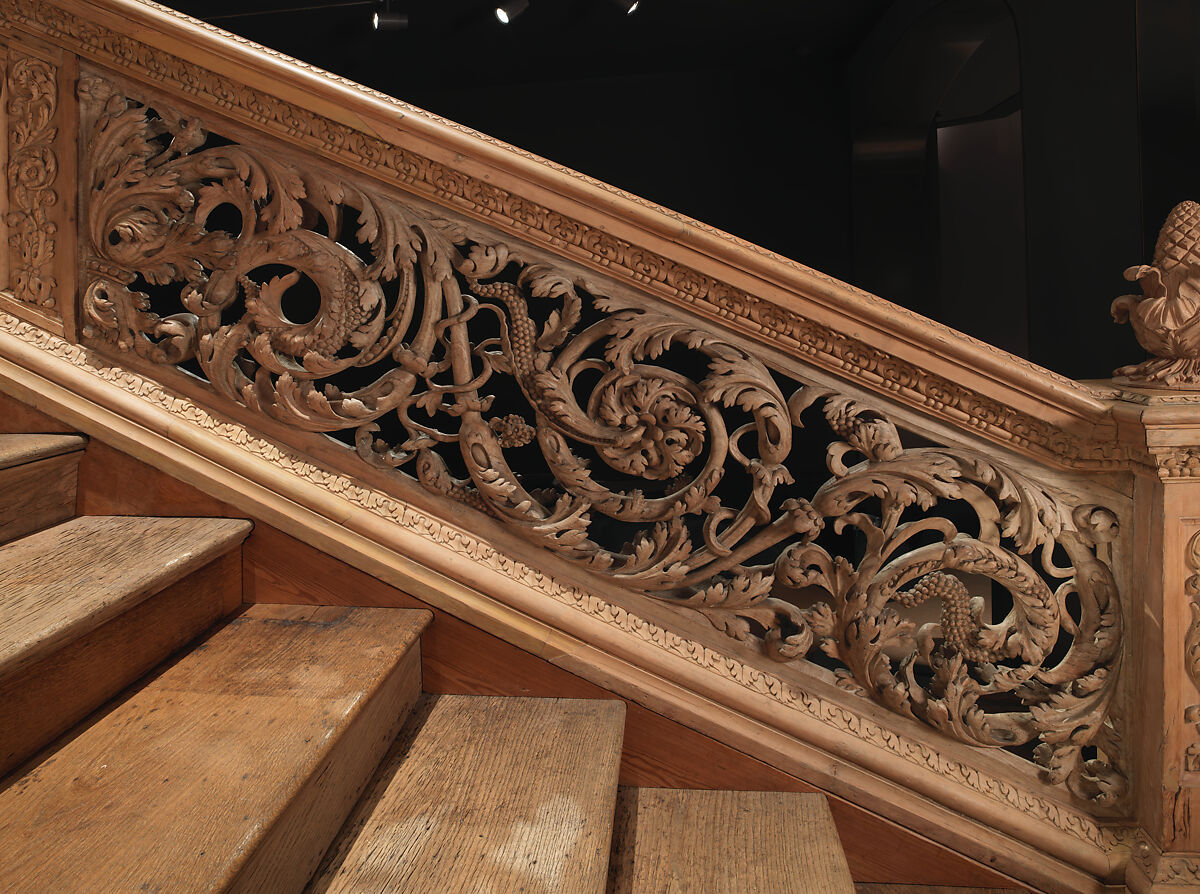 Staircase from Cassiobury Park, Hertfordshire, Attributed to Edward Pearce (ca. 1630–1695), Risers, treads: oak; balustrade friezes, finials: elm; newel posts, stringers, skirting, baluster bases, balusters, handrails: pine, British