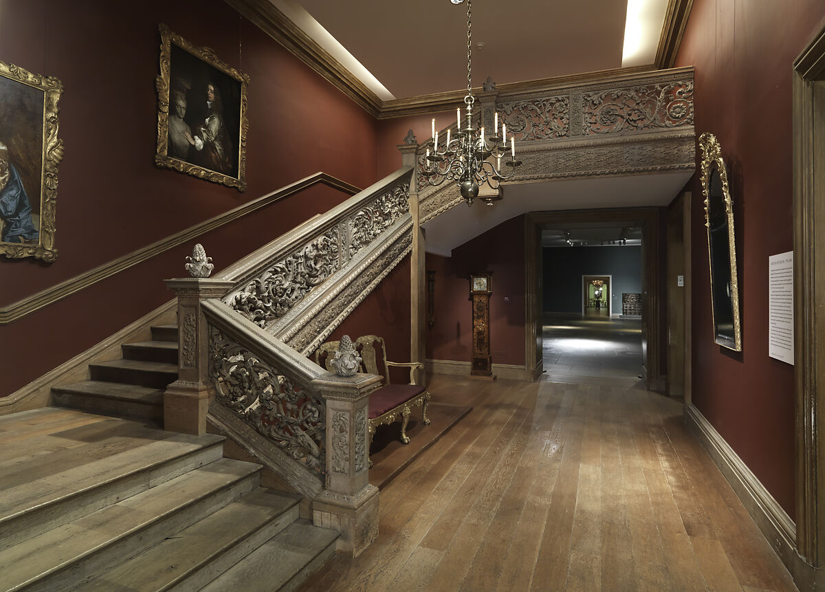 Staircase from Cassiobury Park, Hertfordshire, Attributed to Edward Pearce (ca. 1630–1695), Risers, treads: oak; balustrade friezes, finials: elm; newel posts, stringers, skirting, baluster bases, balusters, handrails: pine, British