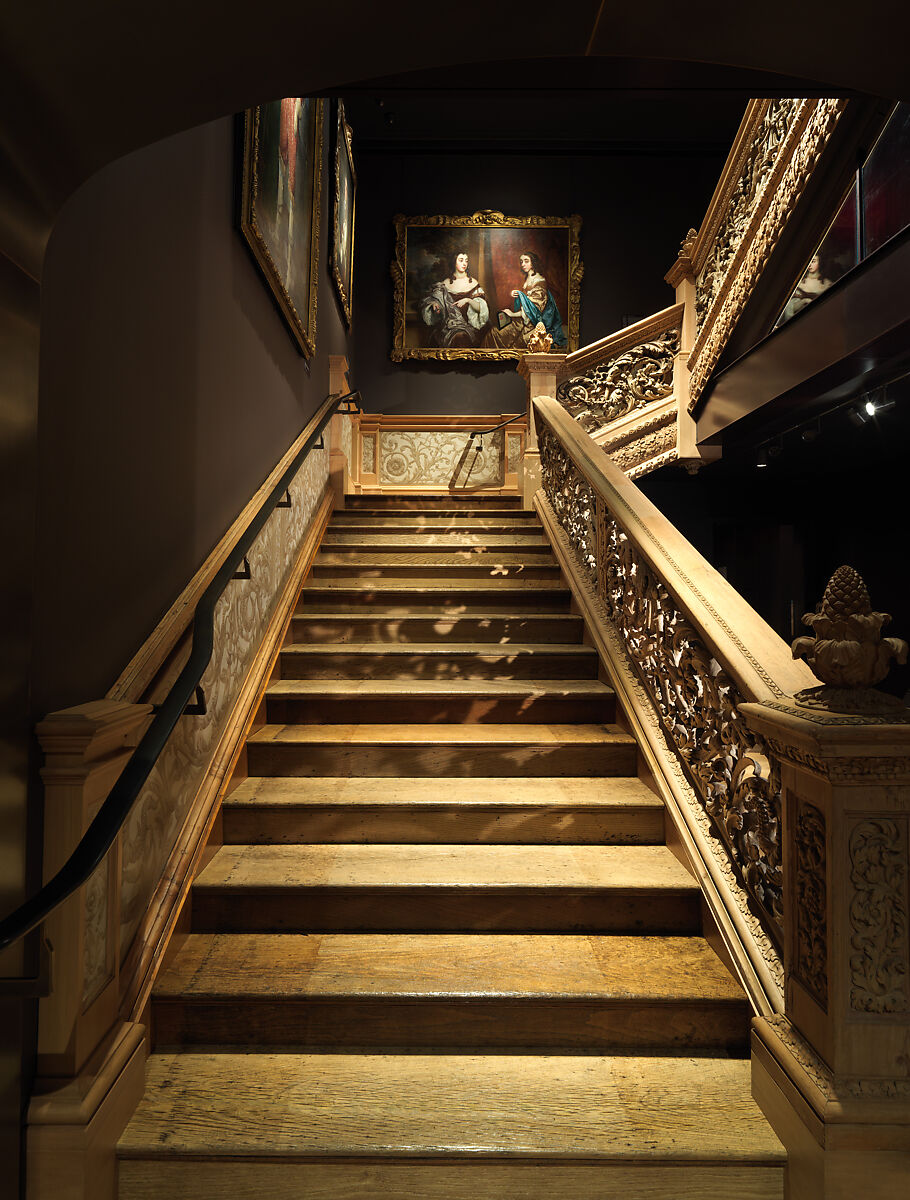 Staircase from Cassiobury Park, Hertfordshire, Attributed to Edward Pearce (ca. 1630–1695), Risers, treads: oak; balustrade friezes, finials: elm; newel posts, stringers, skirting, baluster bases, balusters, handrails: pine, British