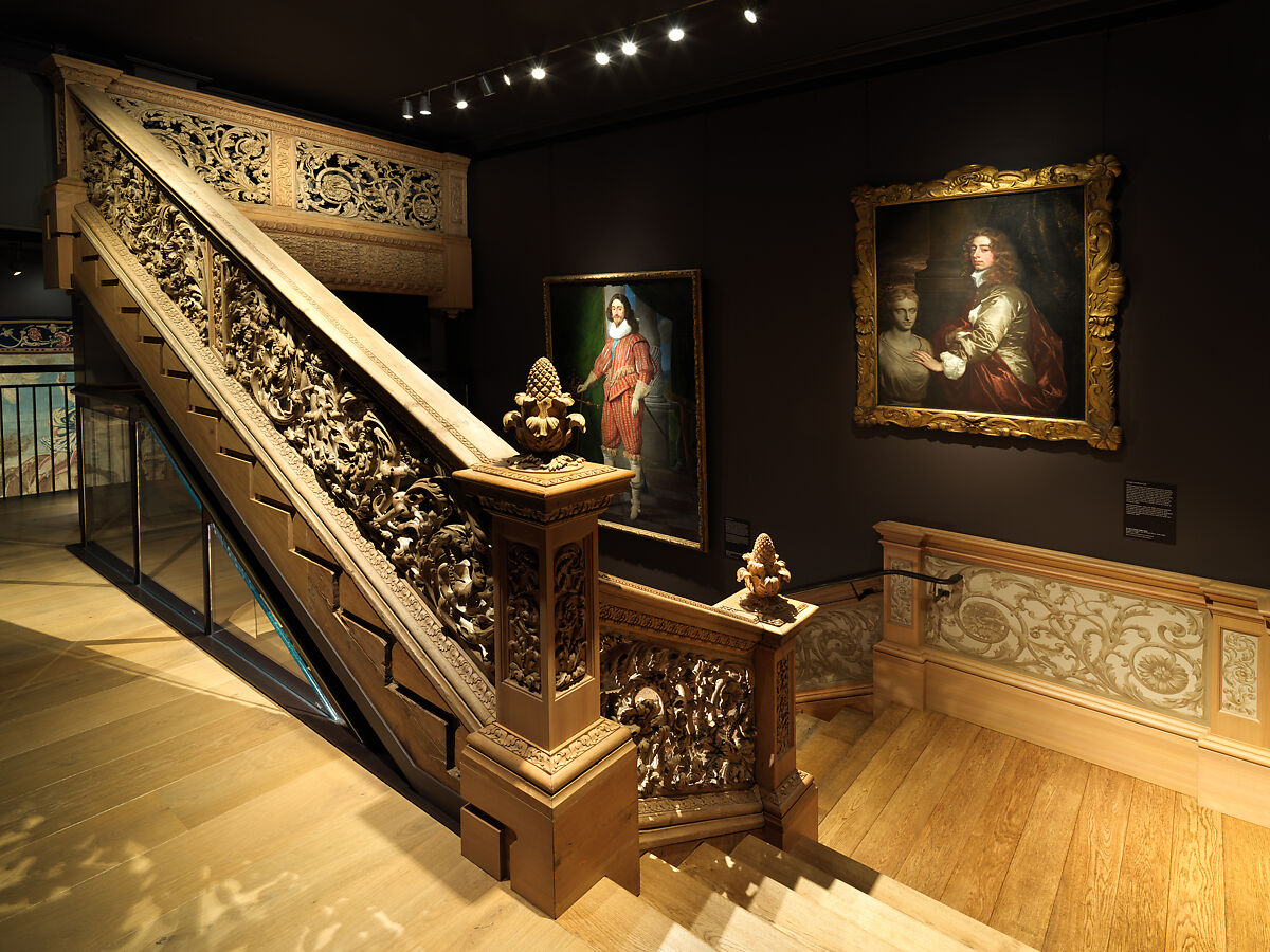 Staircase from Cassiobury Park, Hertfordshire, Attributed to Edward Pearce (ca. 1630–1695), Risers, treads: oak; balustrade friezes, finials: elm; newel posts, stringers, skirting, baluster bases, balusters, handrails: pine, British