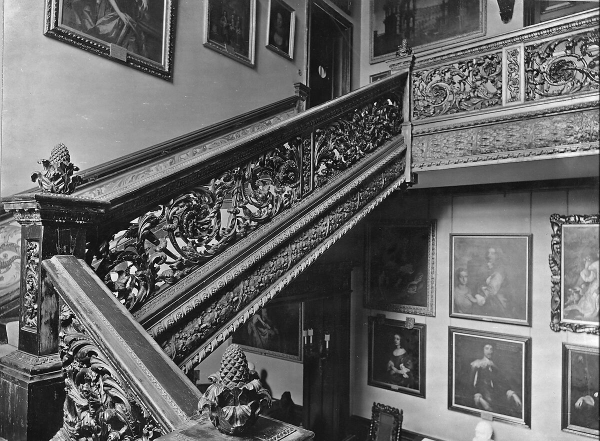 Staircase from Cassiobury Park, Hertfordshire, Attributed to Edward Pearce (ca. 1630–1695), Risers, treads: oak; balustrade friezes, finials: elm; newel posts, stringers, skirting, baluster bases, balusters, handrails: pine, British