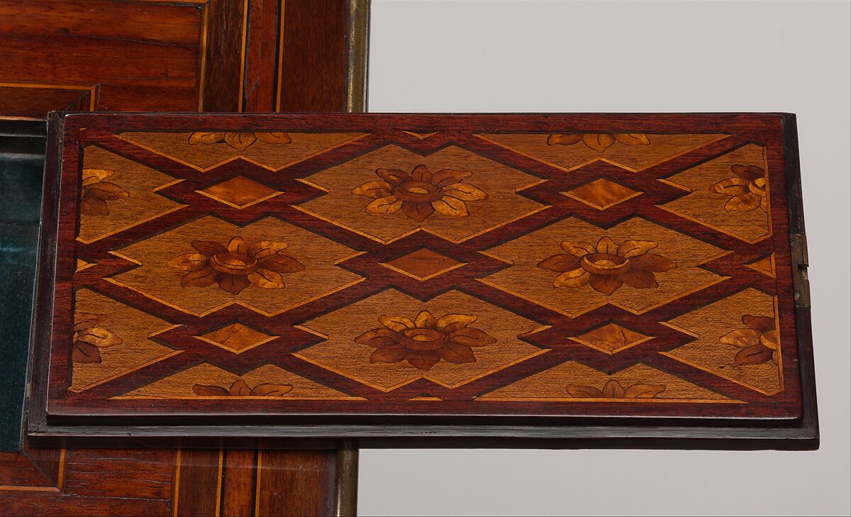 Mechanical table (Table mécanique), Jean Henri Riesener (French, Gladbeck, North Rhine-Westphalia 1734–1806 Paris), Oak veneered with marquetry of bois satiné, holly, amaranth, barberry, stained sycamore, and green-lacquered wood; gilt-bronze mounts; steel, iron and brass fittings; mirror glass; velvet (not original), French, Paris