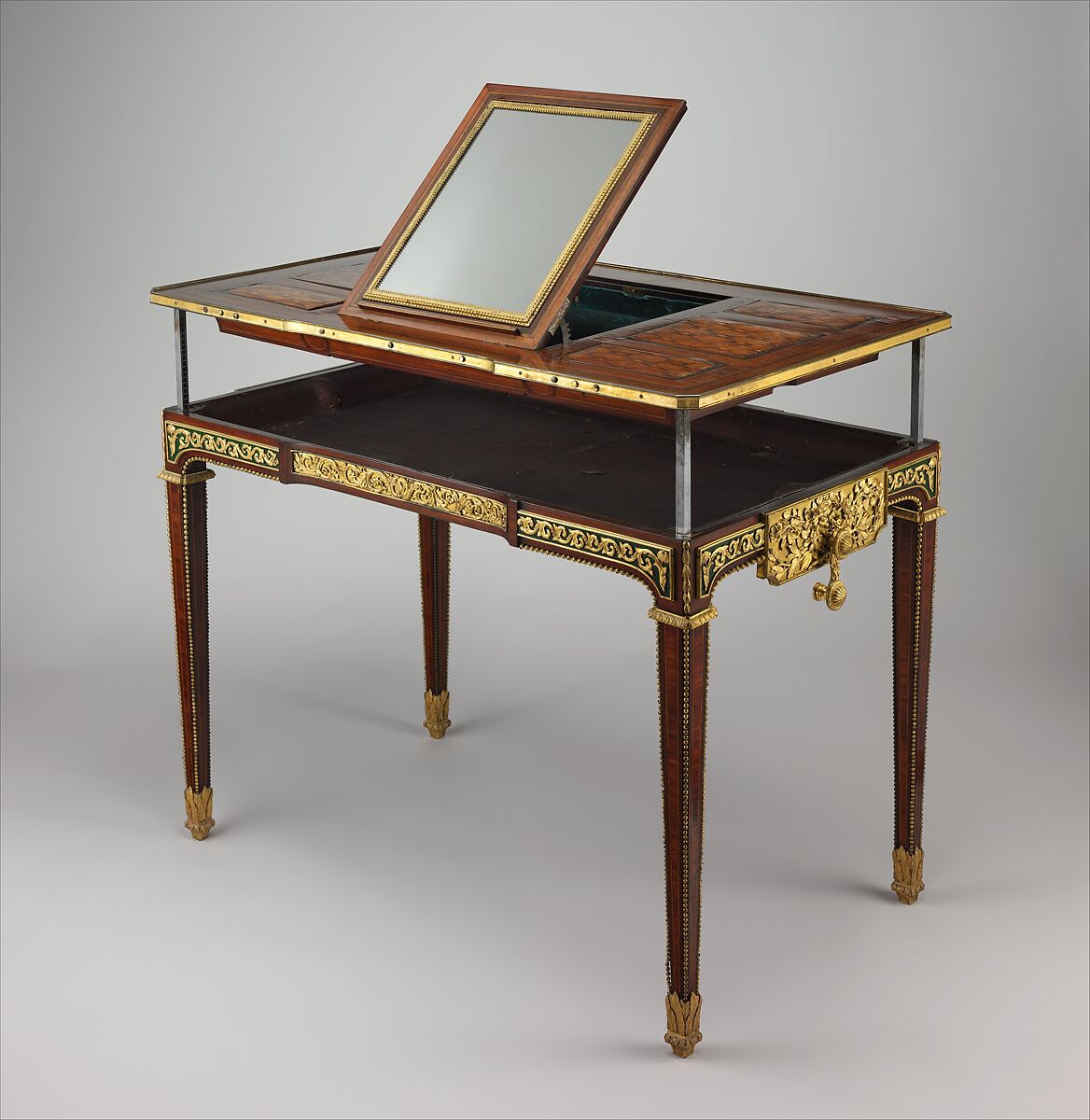 Mechanical table (Table mécanique), Jean Henri Riesener (French, Gladbeck, North Rhine-Westphalia 1734–1806 Paris), Oak veneered with marquetry of bois satiné, holly, amaranth, barberry, stained sycamore, and green-lacquered wood; gilt-bronze mounts; steel, iron and brass fittings; mirror glass; velvet (not original), French, Paris