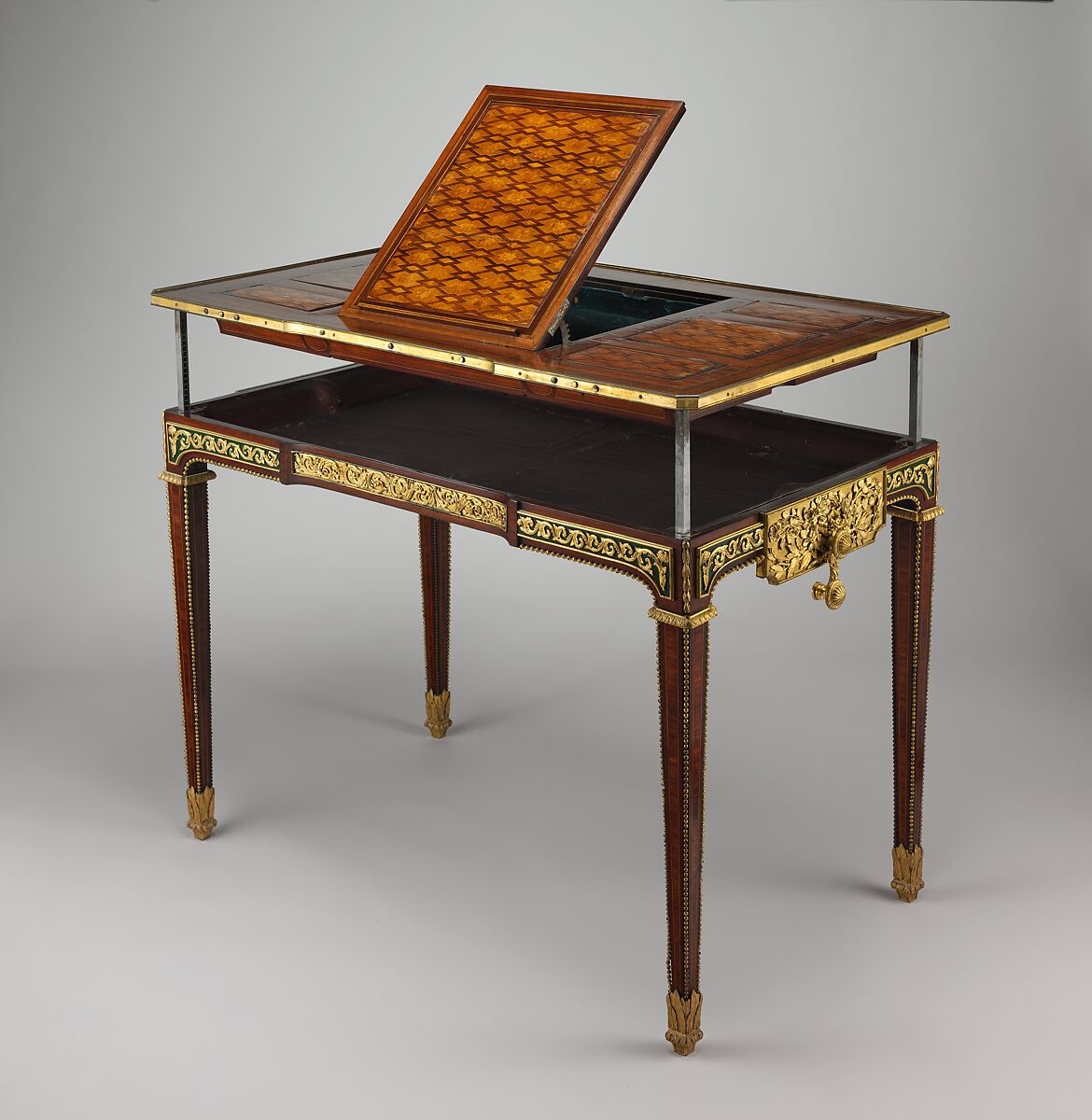 Mechanical table (Table mécanique), Jean Henri Riesener (French, Gladbeck, North Rhine-Westphalia 1734–1806 Paris), Oak veneered with marquetry of bois satiné, holly, amaranth, barberry, stained sycamore, and green-lacquered wood; gilt-bronze mounts; steel, iron and brass fittings; mirror glass; velvet (not original), French, Paris