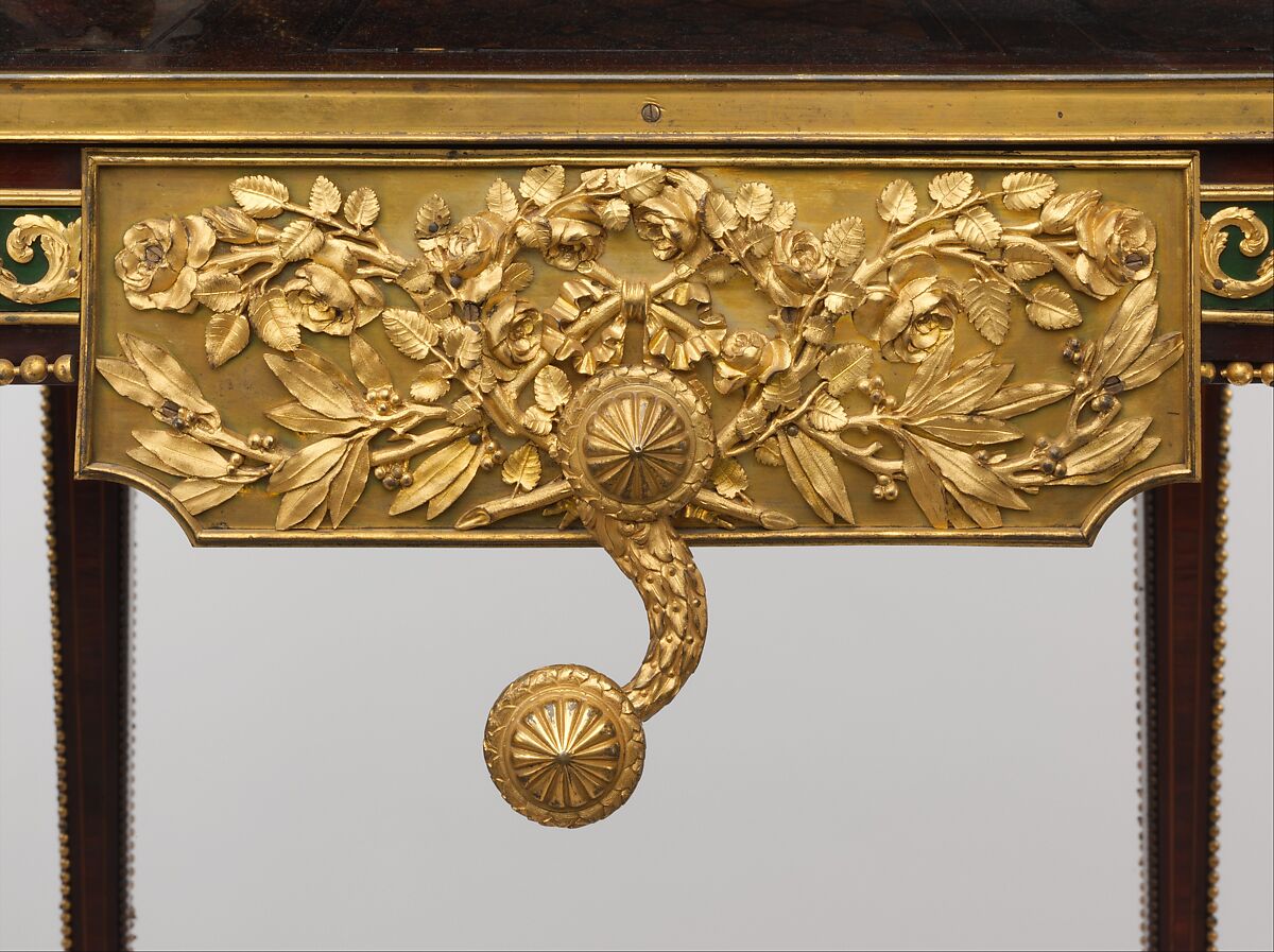 Mechanical table (Table mécanique), Jean Henri Riesener (French, Gladbeck, North Rhine-Westphalia 1734–1806 Paris), Oak veneered with marquetry of bois satiné, holly, amaranth, barberry, stained sycamore, and green-lacquered wood; gilt-bronze mounts; steel, iron and brass fittings; mirror glass; velvet (not original), French, Paris