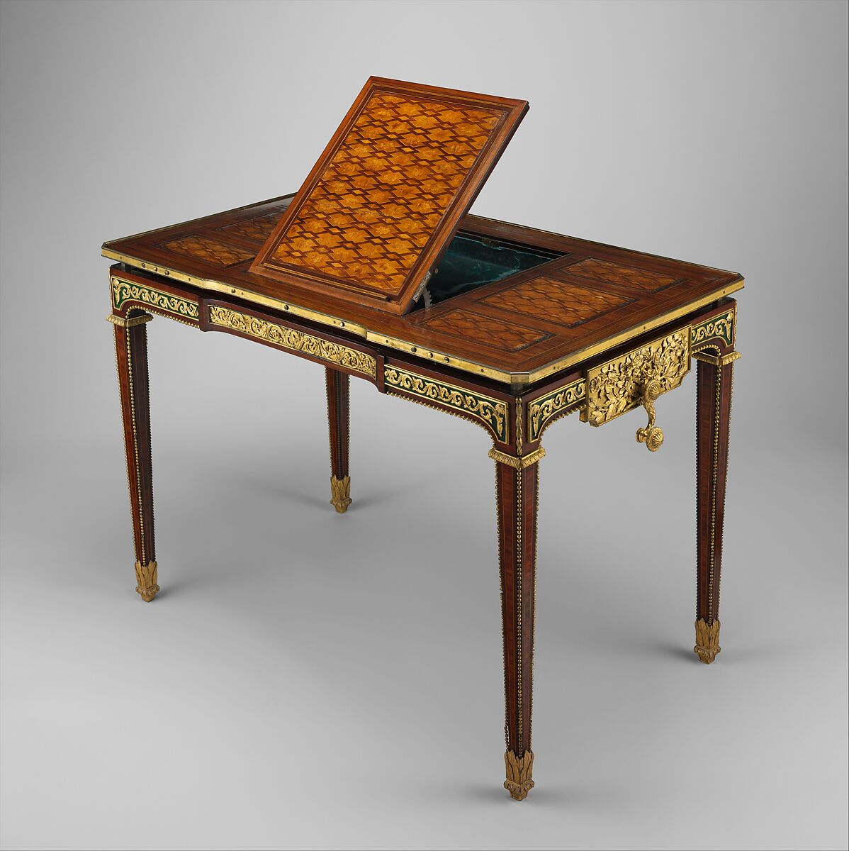 Mechanical table (Table mécanique), Jean Henri Riesener (French, Gladbeck, North Rhine-Westphalia 1734–1806 Paris), Oak veneered with marquetry of bois satiné, holly, amaranth, barberry, stained sycamore, and green-lacquered wood; gilt-bronze mounts; steel, iron and brass fittings; mirror glass; velvet (not original), French, Paris 