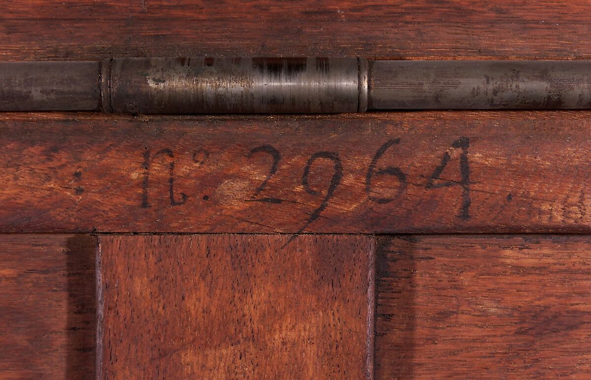 Mechanical table (Table mécanique), Jean Henri Riesener (French, Gladbeck, North Rhine-Westphalia 1734–1806 Paris), Oak veneered with marquetry of bois satiné, holly, amaranth, barberry, stained sycamore, and green-lacquered wood; gilt-bronze mounts; steel, iron and brass fittings; mirror glass; velvet (not original), French, Paris