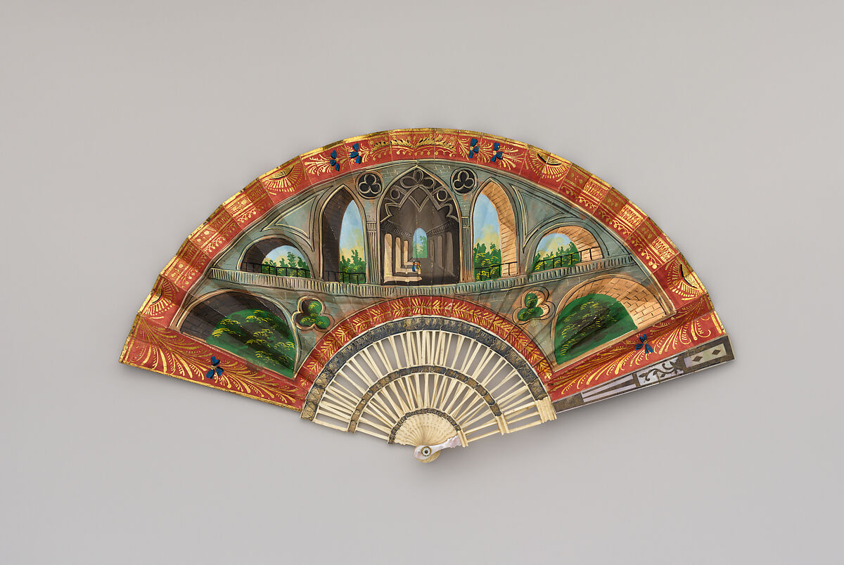Folding Fan with Representation of a Gothic Revival Arcade, perhaps a Souvenir of Stowe, Paper, paint, gilt, ivory, British 