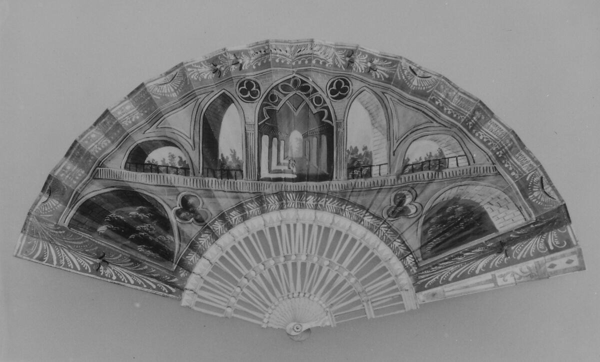 Folding Fan with Representation of a Gothic Revival Arcade, perhaps a Souvenir of Stowe, Paper, paint, gilt, ivory, British 