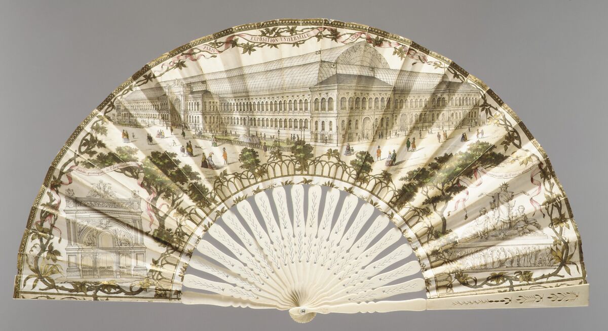 Fan, Brionde, Leaf of painted and gilt lithograph on paper; sticks and guards of pierced ivory; mother-of-pearl rivet, French 