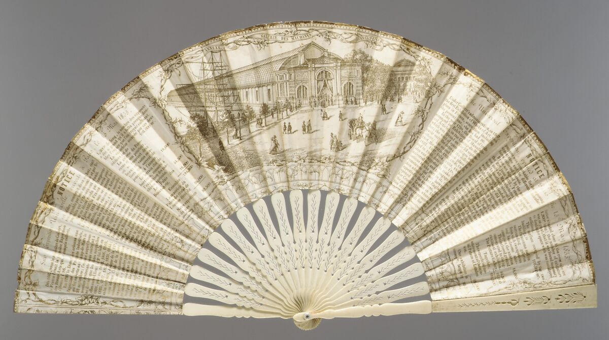 Fan commemorating the 1855 Universal Exhibition, Alphonse Guilletat (French, mid-nineteenth century), hand-colored and gilded lithograph; ivory; mother-of-pearl, French