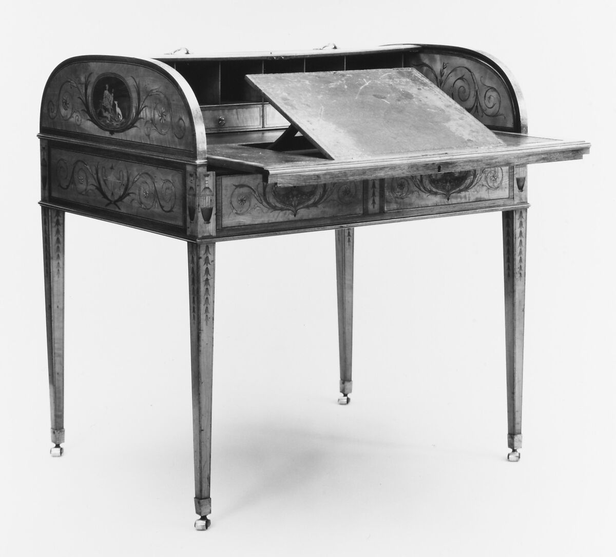 Desk or writing table, Satinwood, inlaid, British