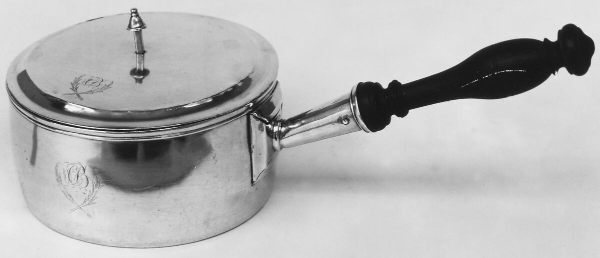 Saucepan with cover, H. P., London (active 1693–after 1697), Silver; wood handle, British, Colonial 