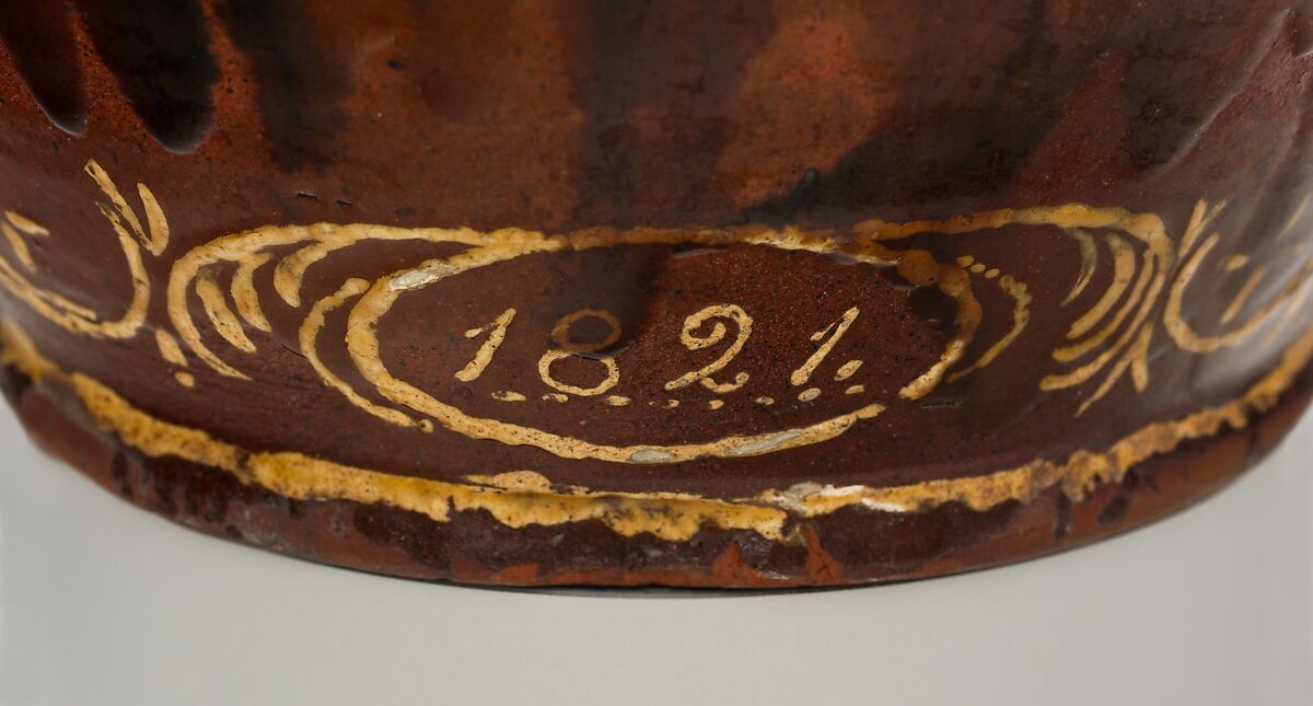 Pitcher, Earthenware; Redware with slip decoration, American