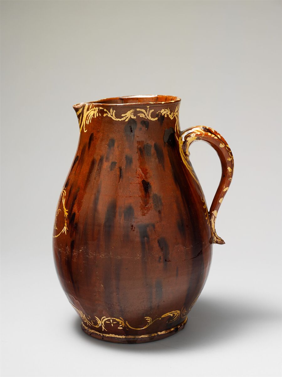 Pitcher, Earthenware; Redware with slip decoration, American 