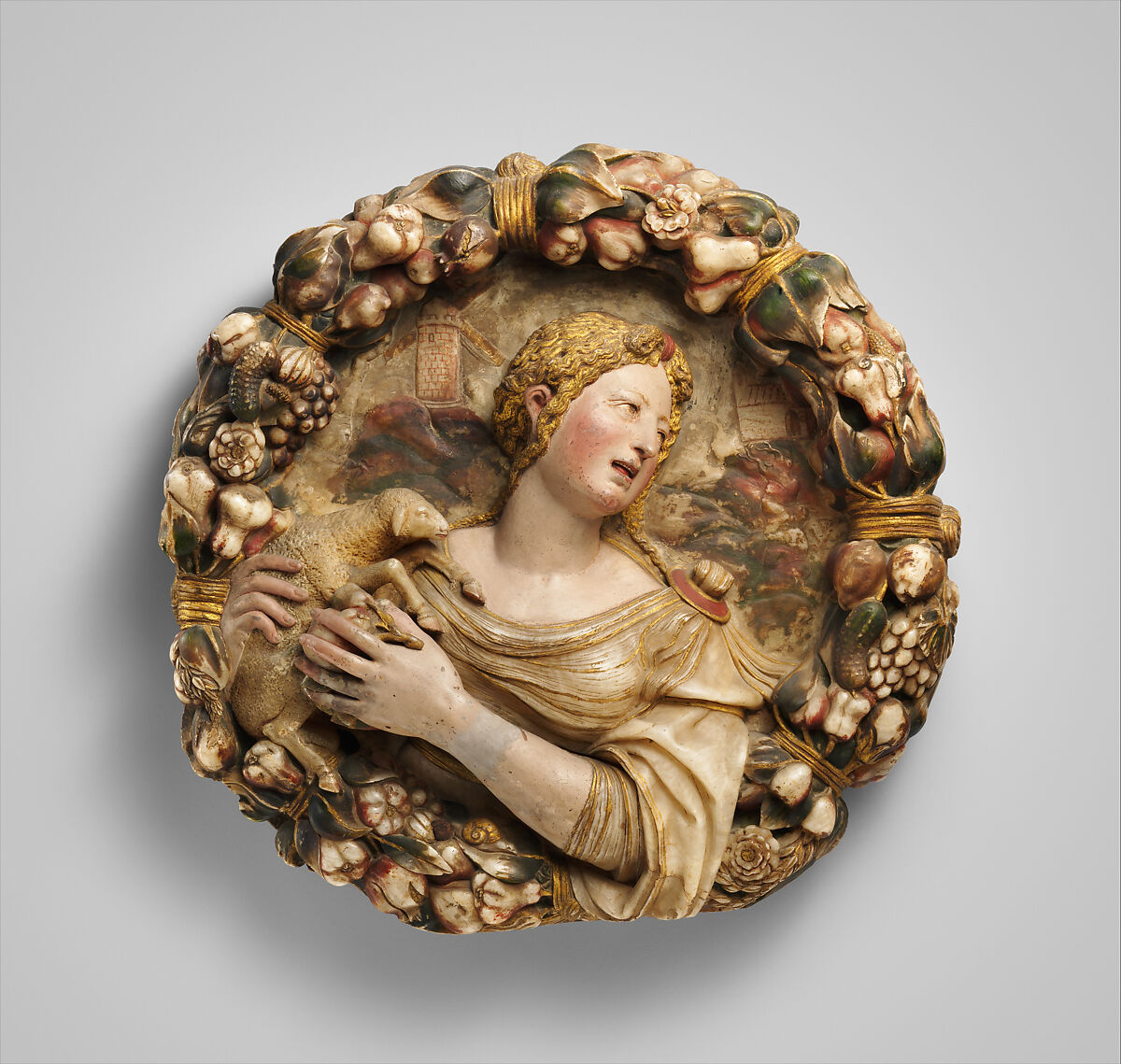 Saint Agnes (one of a pair), Possibly by Diego de Tiedra (Spanish, died 1559), Alabaster, painted and gilt, Spanish, possibly Aragon 