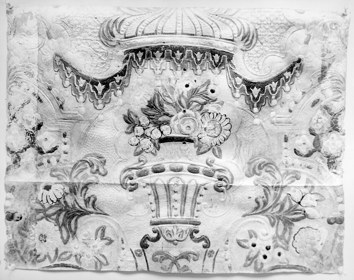 Wall hanging fragment, After a composition by Daniel Marot the Elder (French, Paris 1661–1752 The Hague), Leather, embossed, "gilded", and polychromed, Northern Dutch