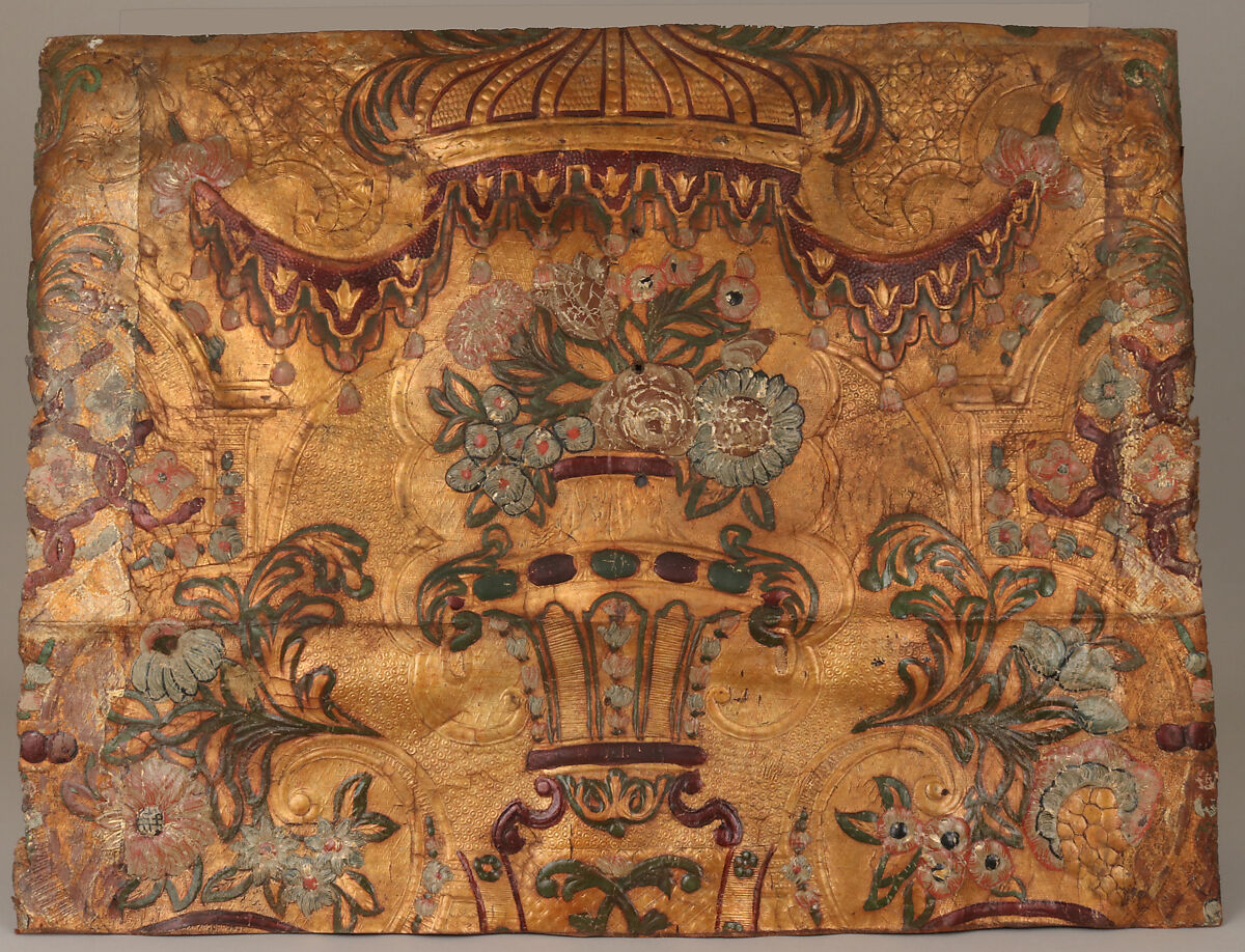 Wall hanging fragment, After a composition by Daniel Marot the Elder (French, Paris 1661–1752 The Hague), Leather, embossed, "gilded", and polychromed, Northern Dutch 