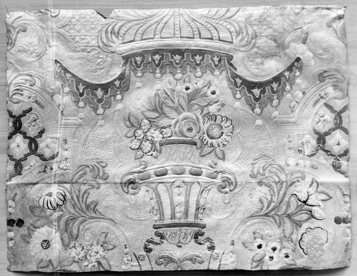 Wall hanging fragment, After a composition by Daniel Marot the Elder (French, Paris 1661–1752 The Hague), Leather, embossed, "gilded", and polychromed, Northern Dutch