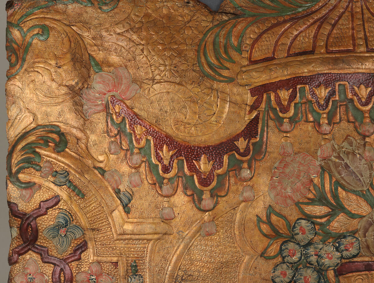 Wall hanging fragment, After a composition by Daniel Marot the Elder (French, Paris 1661–1752 The Hague), Leather, embossed, "gilded", and polychromed, Northern Dutch
