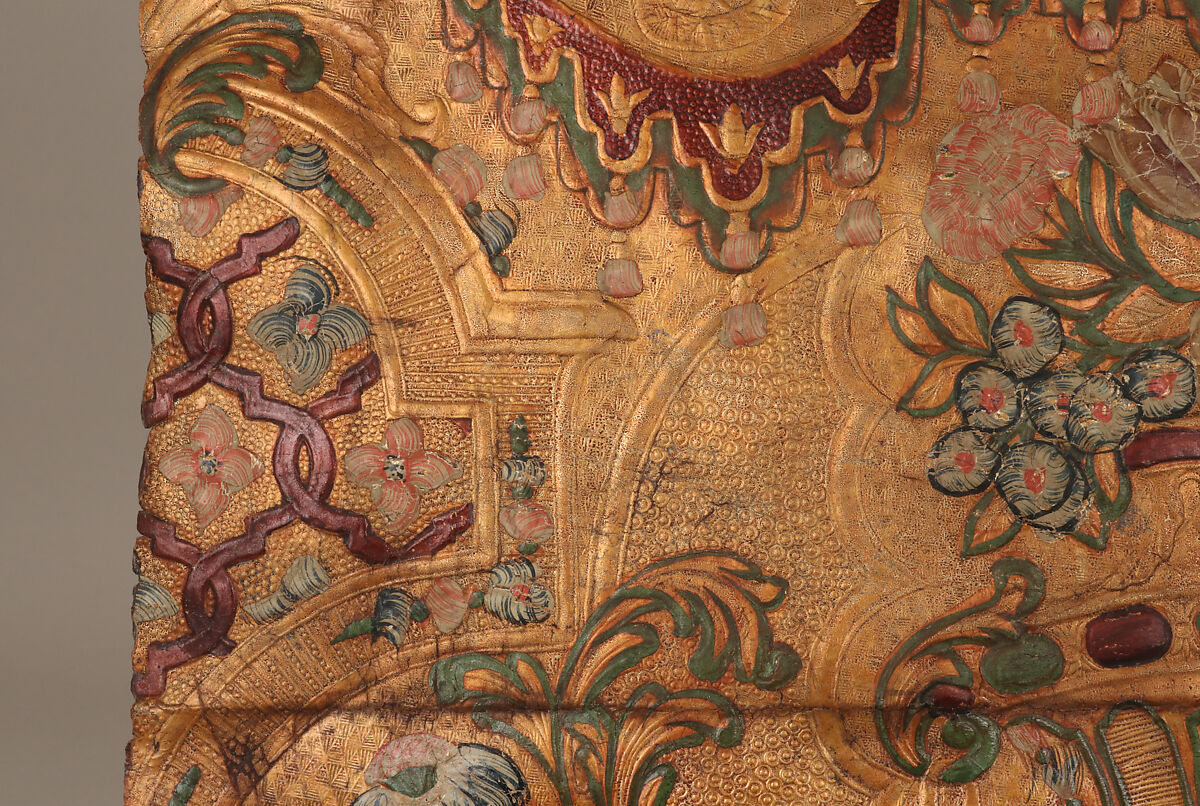 Wall hanging fragment, After a composition by Daniel Marot the Elder (French, Paris 1661–1752 The Hague), Leather, embossed, "gilded", and polychromed, Northern Dutch