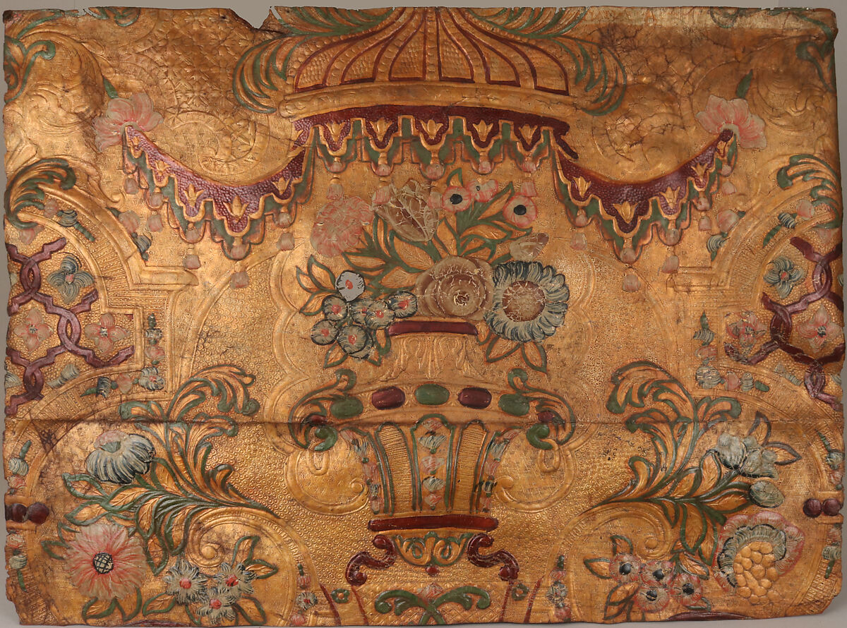 Wall hanging fragment, After a composition by Daniel Marot the Elder (French, Paris 1661–1752 The Hague), Leather, embossed, "gilded", and polychromed, Northern Dutch 